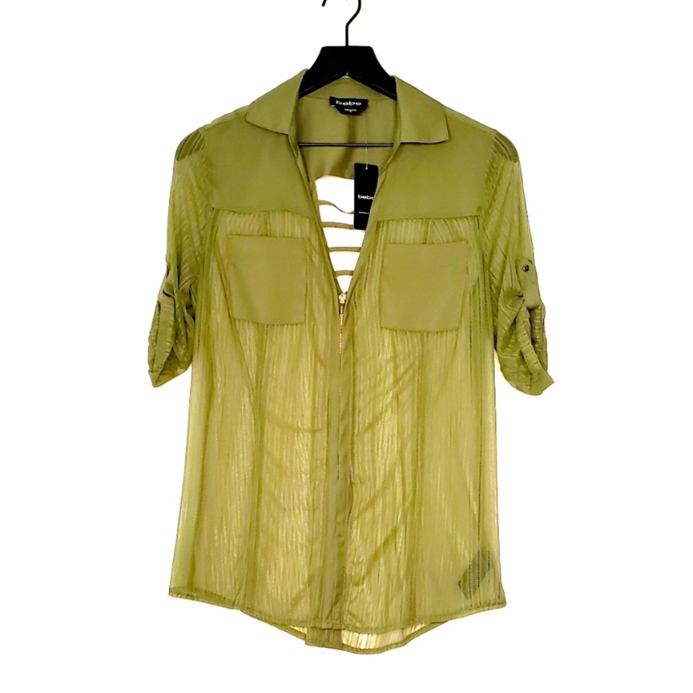 Bebe 3/4 Amelyne Zip front Mesh blouse See through